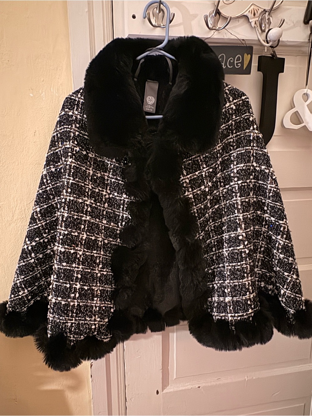 Vince Camuto Black & White Tweed Cape with Black Faux Fur Trim